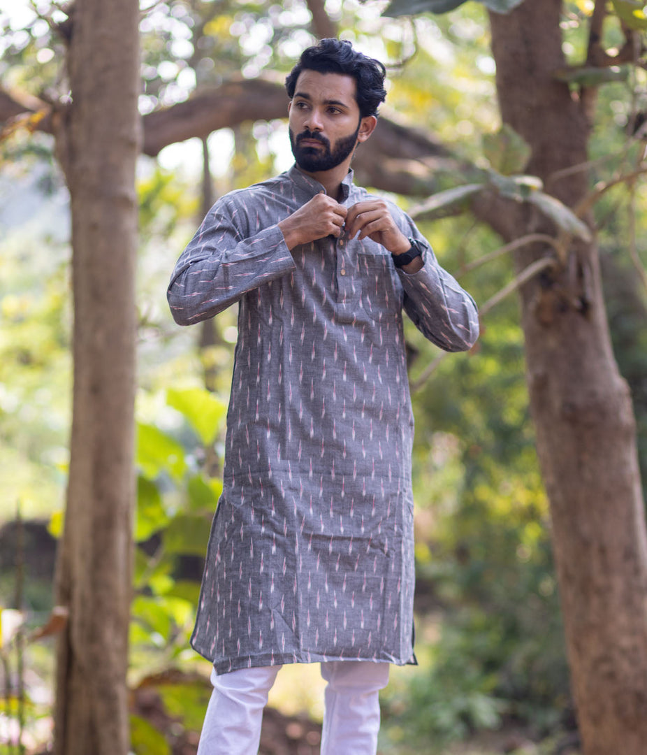 Ikat Grey Patterned Mens Long Kurta