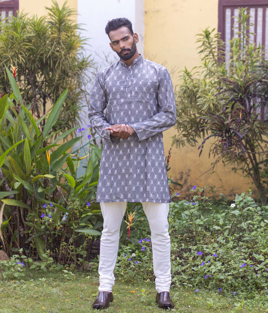 Ikat Grey Patterned Mens Long Kurta