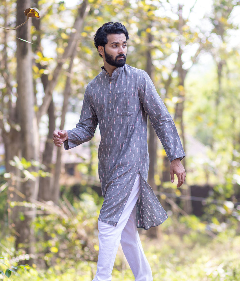 Ikat Grey Patterned Mens Long Kurta