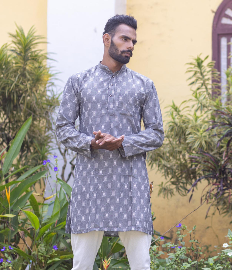 Ikat Grey Patterned Mens Long Kurta