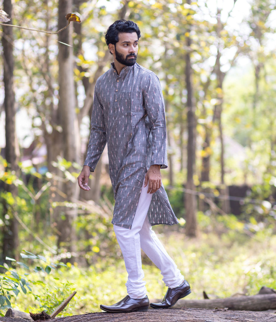 Ikat Grey Patterned Mens Long Kurta