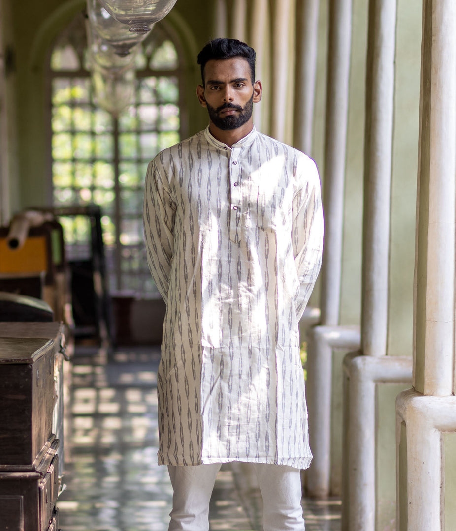 Ikat White-Grey Patterned Mens Long Kurta