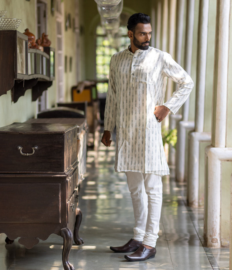 Ikat White-Grey Patterned Mens Long Kurta