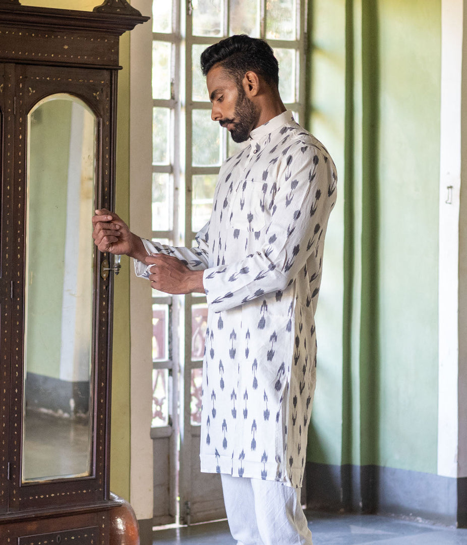 Ikat White-Grey Arrows Mens Long Kurta