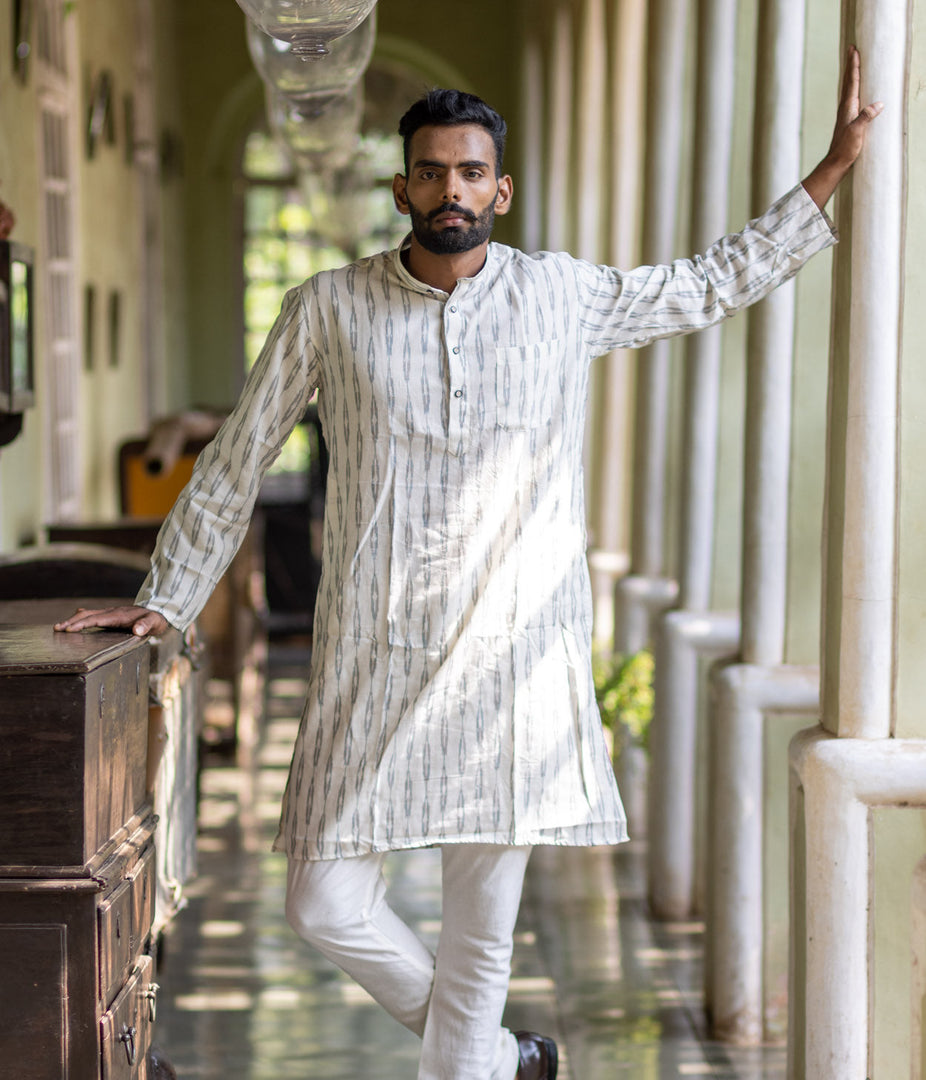 Ikat White-Grey Patterned Mens Long Kurta