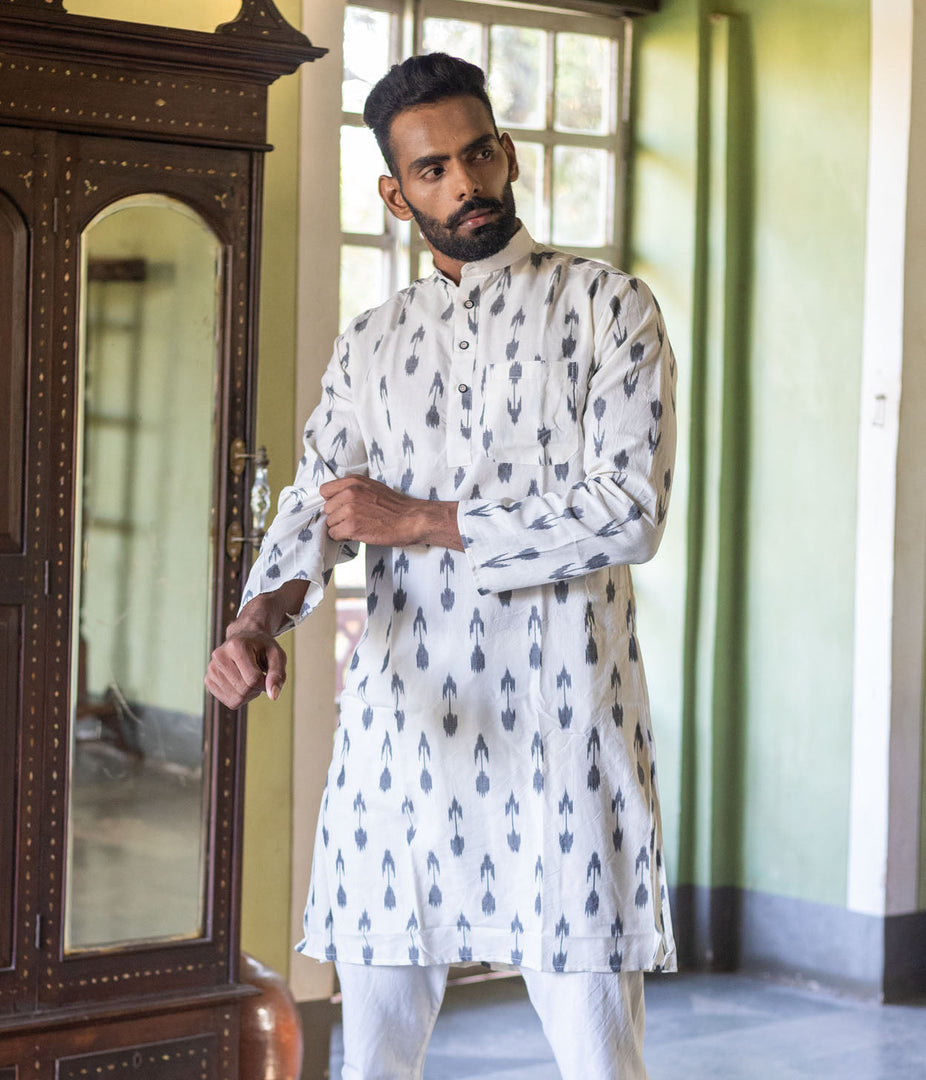 Ikat White-Grey Arrows Mens Long Kurta