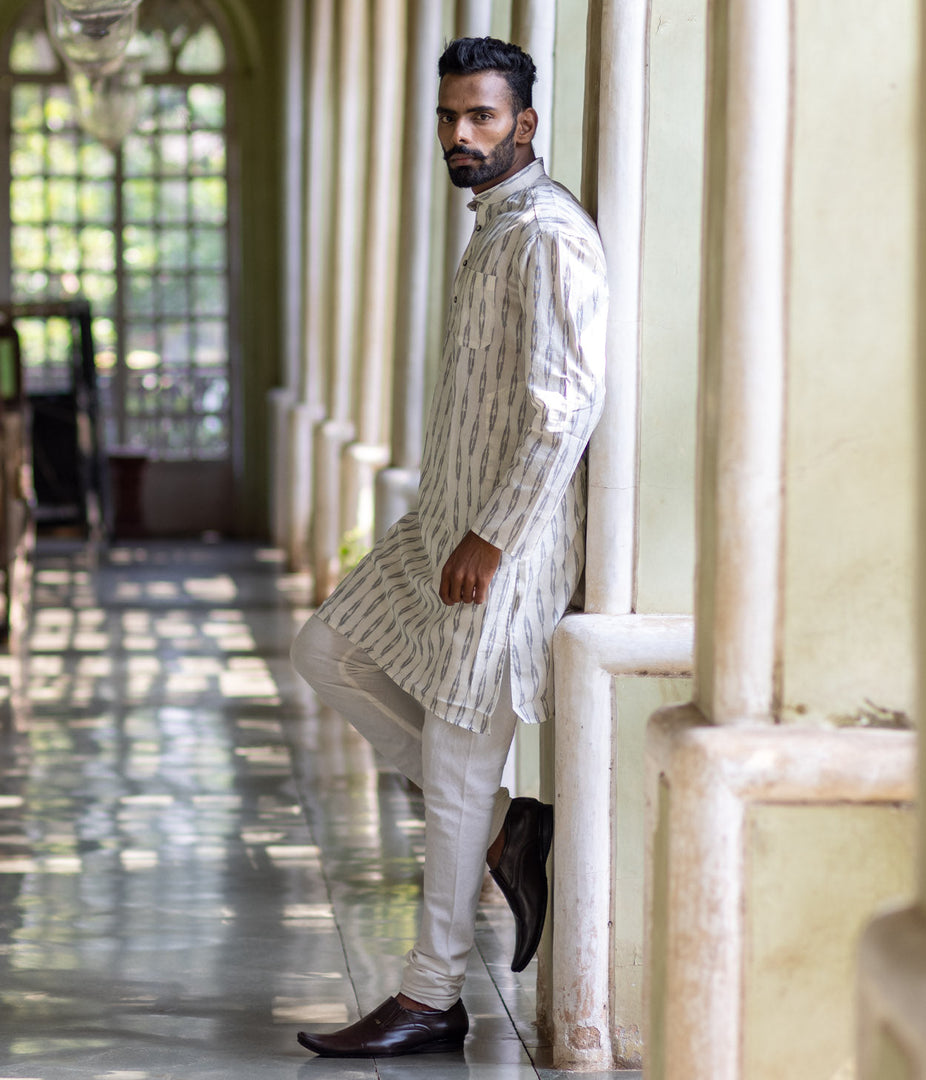 Ikat White-Grey Patterned Mens Long Kurta