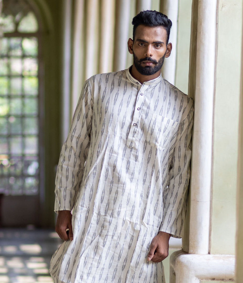 Ikat White-Grey Patterned Mens Long Kurta
