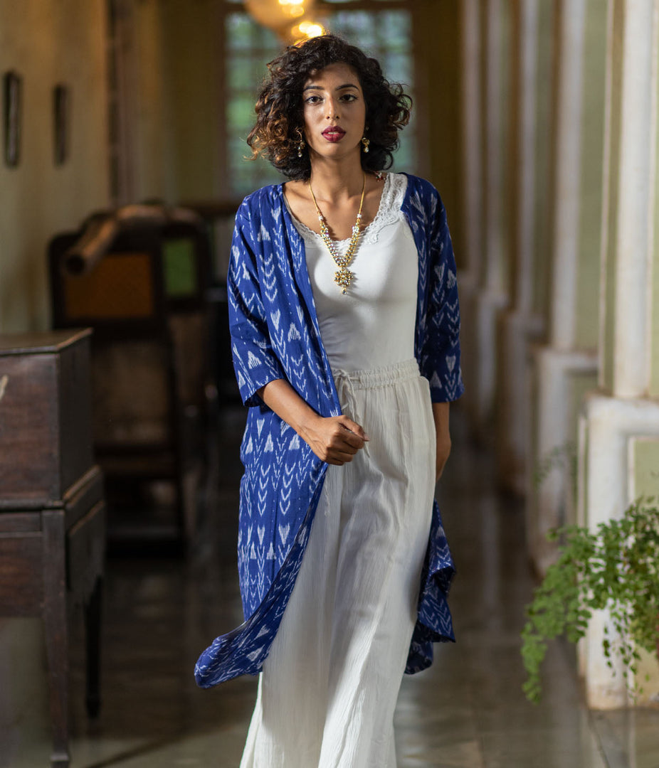 Ikat Navy Chevrons Women's Long Jacket