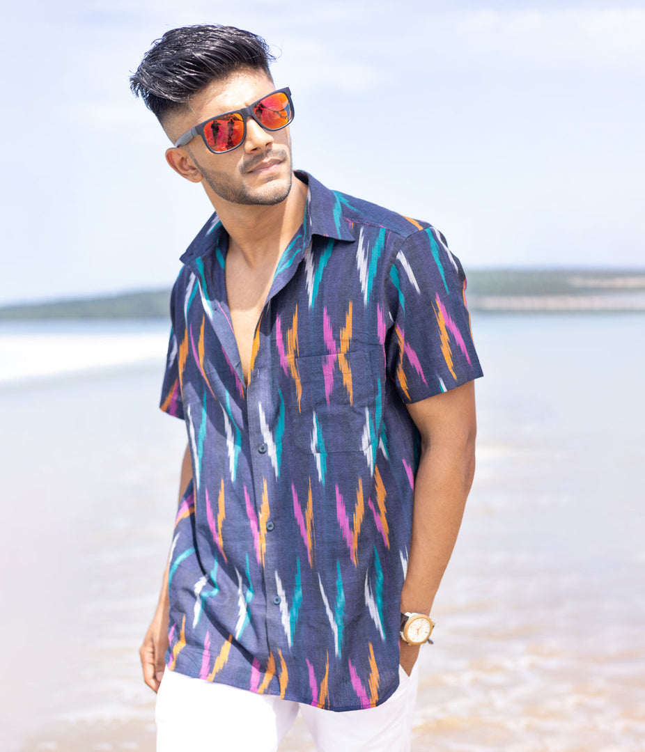 Ikat Navy Multicoloured Mens Short-Sleeved Shirt