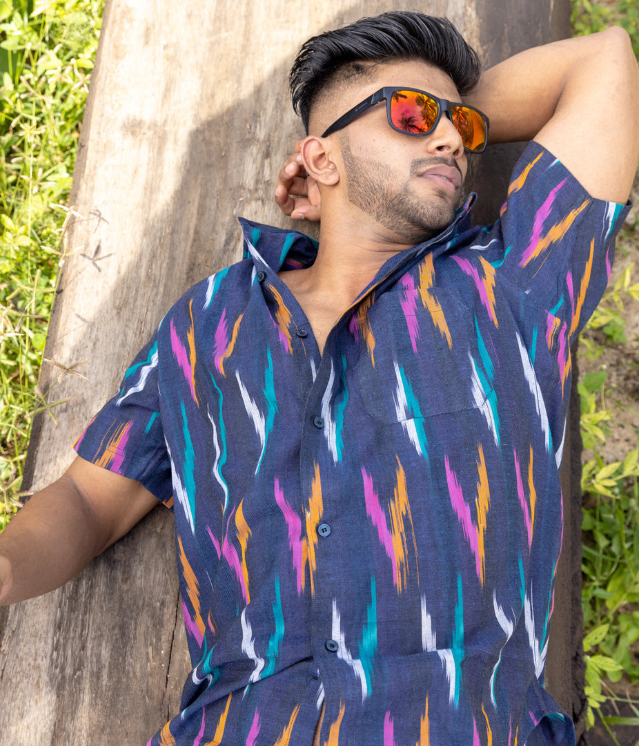 Ikat Navy Multicoloured Mens Short-Sleeved Shirt