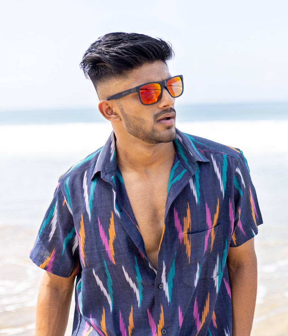 Ikat Navy Multicoloured Mens Short-Sleeved Shirt
