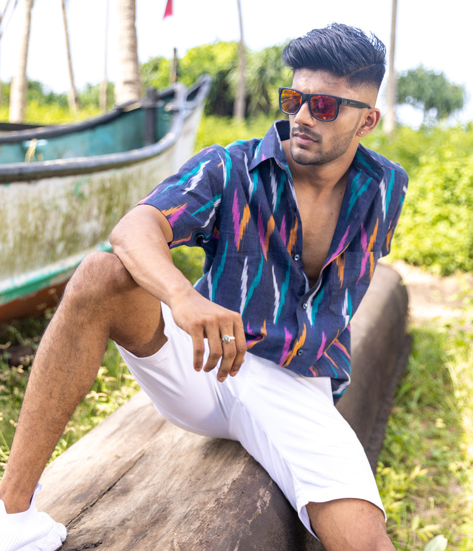 Ikat Navy Multicoloured Mens Short-Sleeved Shirt