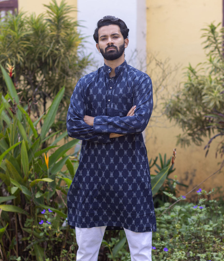 Ikat Navy Patterned Mens Long Kurta