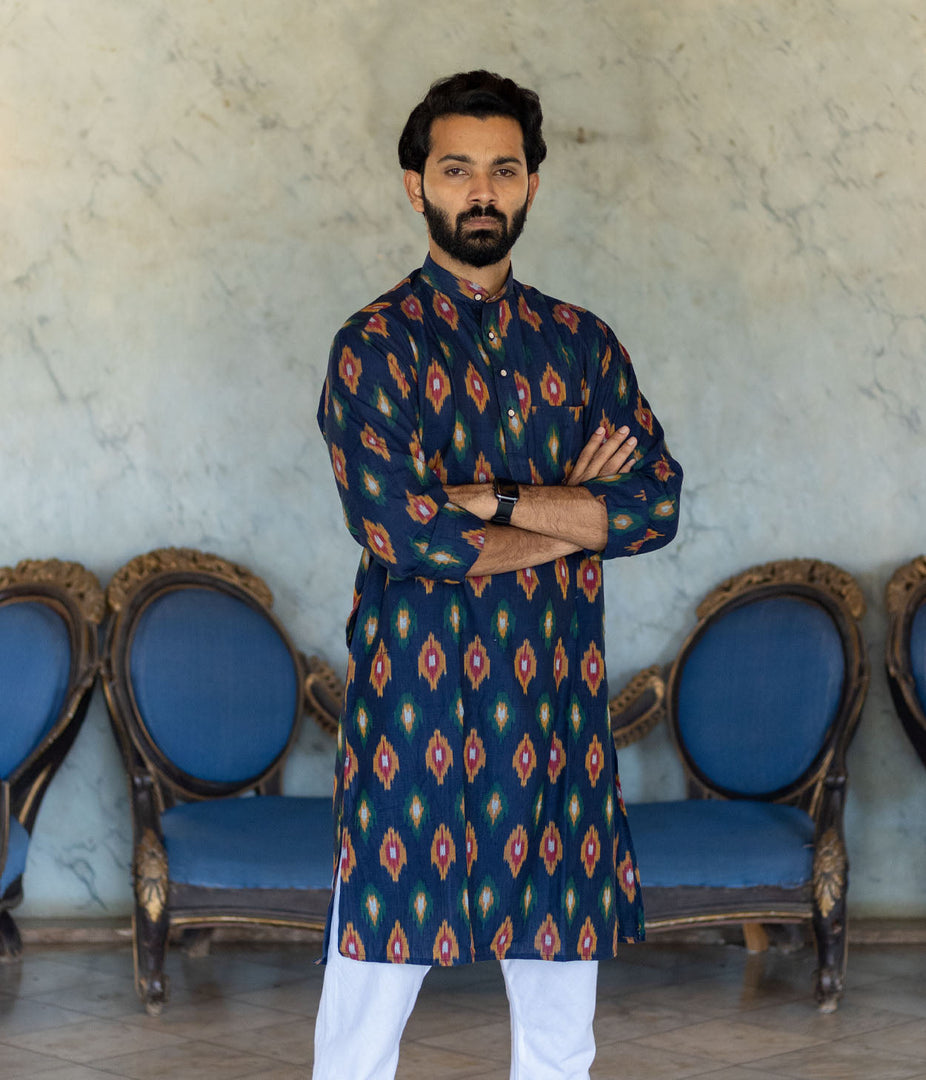 Ikat Navy Patterned Mens Long Kurta