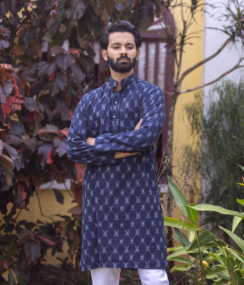 Ikat Navy Patterned Mens Long Kurta