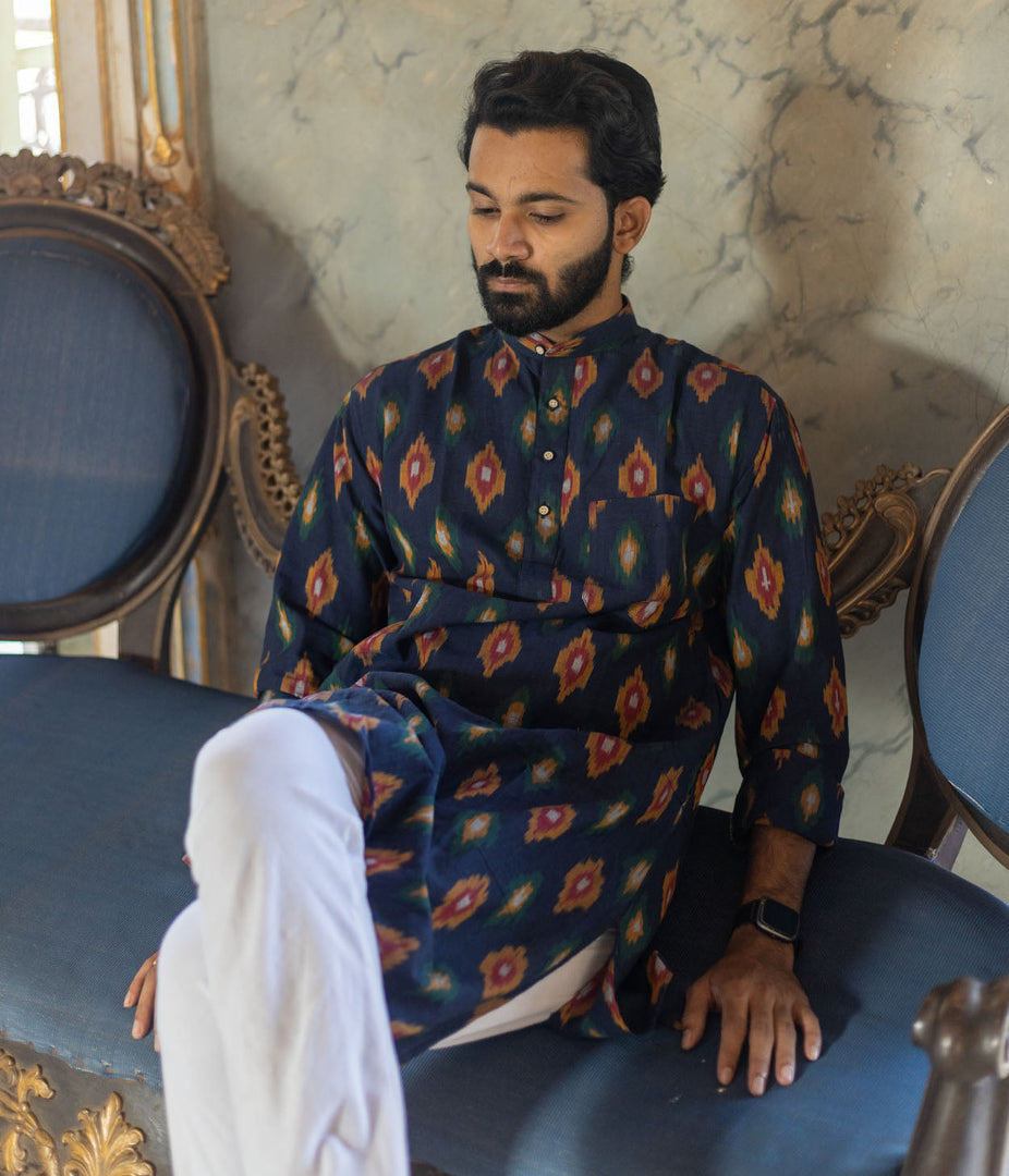 Ikat Navy Patterned Mens Long Kurta