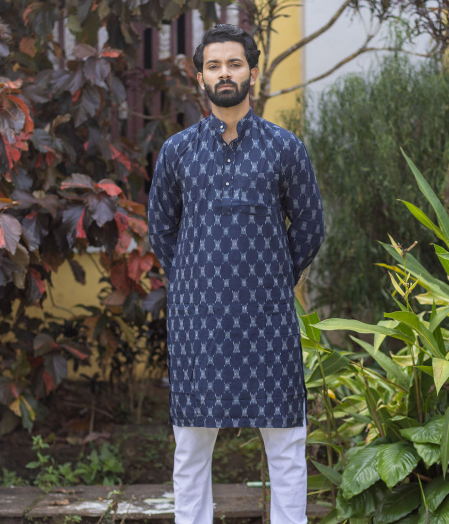 Ikat Navy Patterned Mens Long Kurta