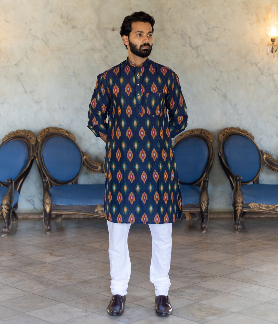Ikat Navy Patterned Mens Long Kurta