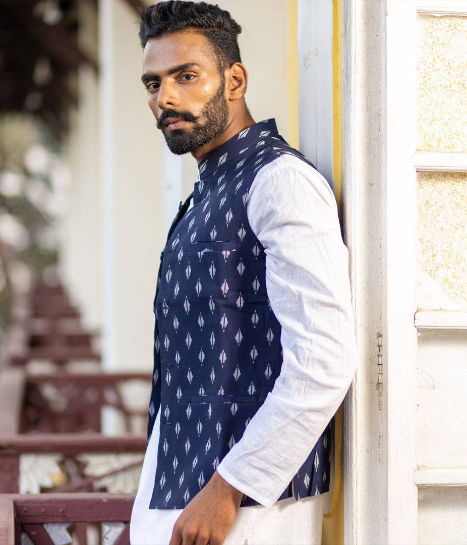 Ikat Navy Patterned Mens Nehru Jacket