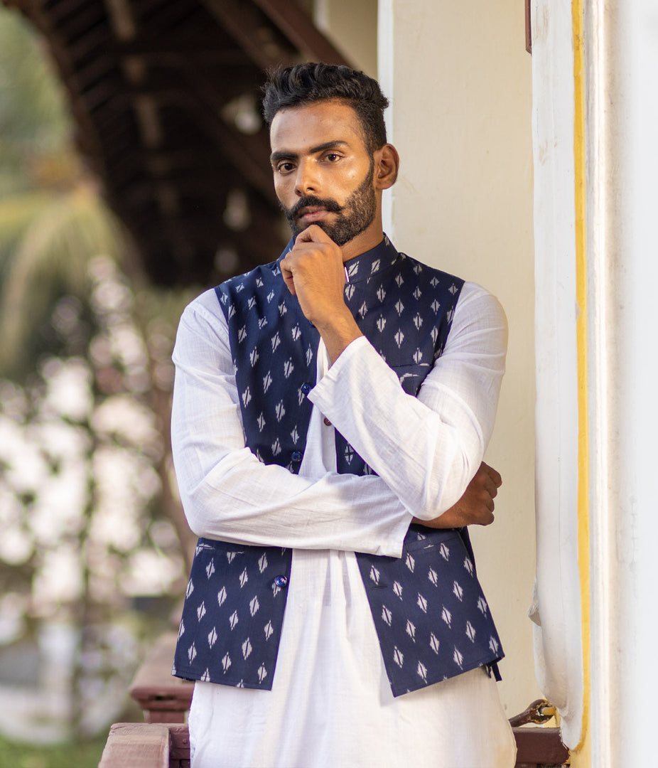 Ikat Navy Patterned Mens Nehru Jacket