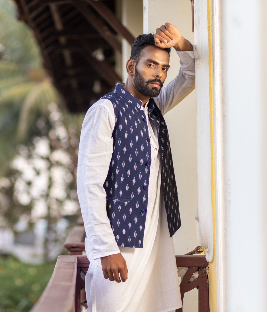 Ikat Navy Patterned Mens Nehru Jacket