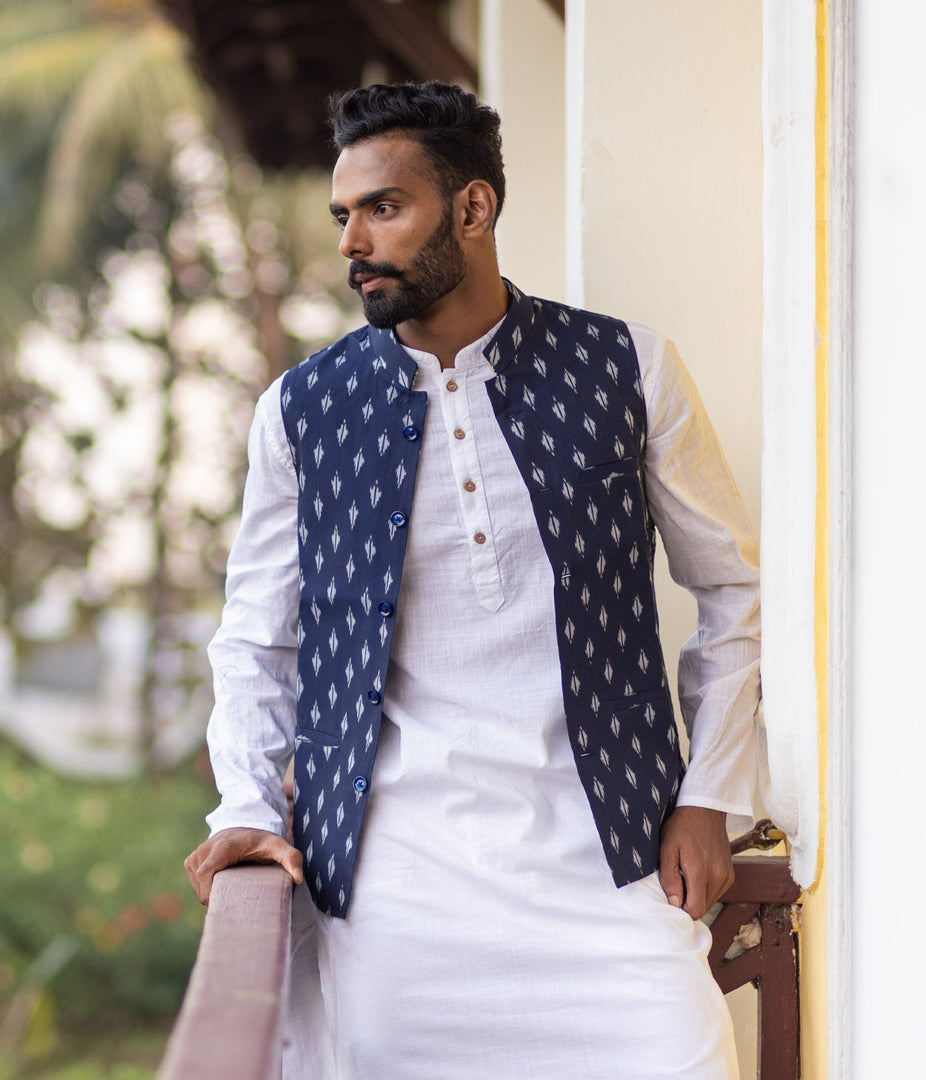 Ikat Navy Patterned Mens Nehru Jacket