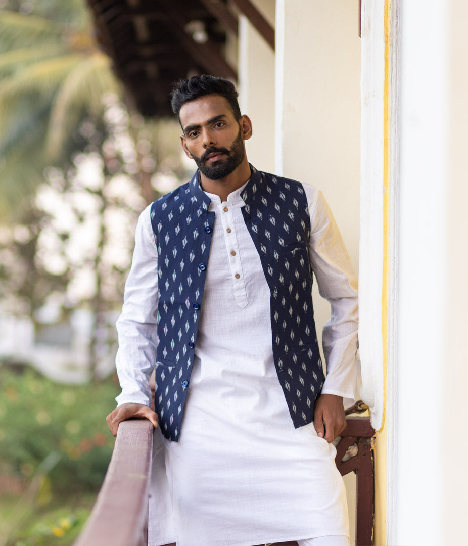 Ikat Navy Patterned Mens Nehru Jacket