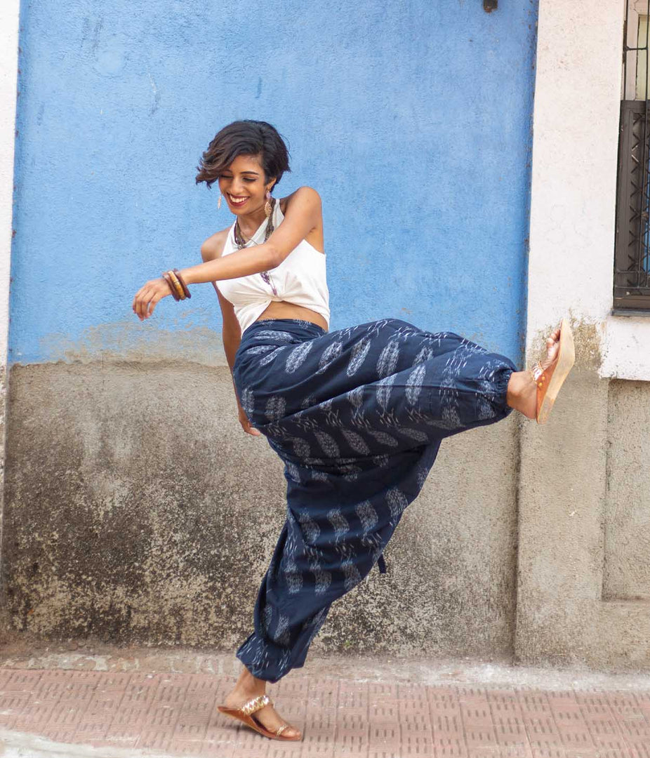 Ikat Navy-White Abstract Boho Pant