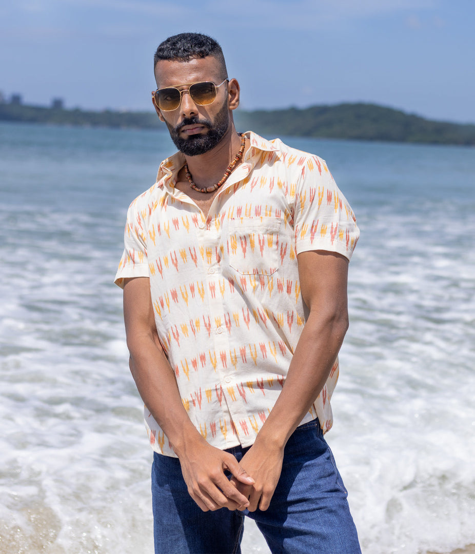 Ikat Orange-Yellow Mens Short-Sleeved Shirt