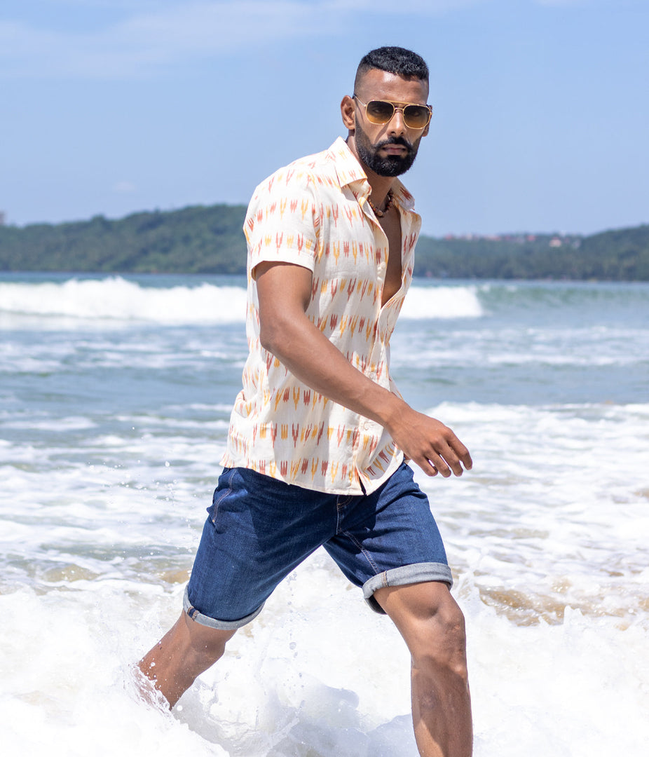 Ikat Orange-Yellow Mens Short-Sleeved Shirt