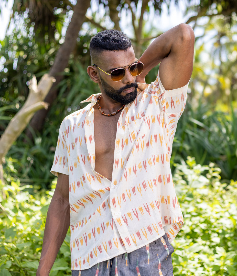Ikat Orange-Yellow Mens Short-Sleeved Shirt