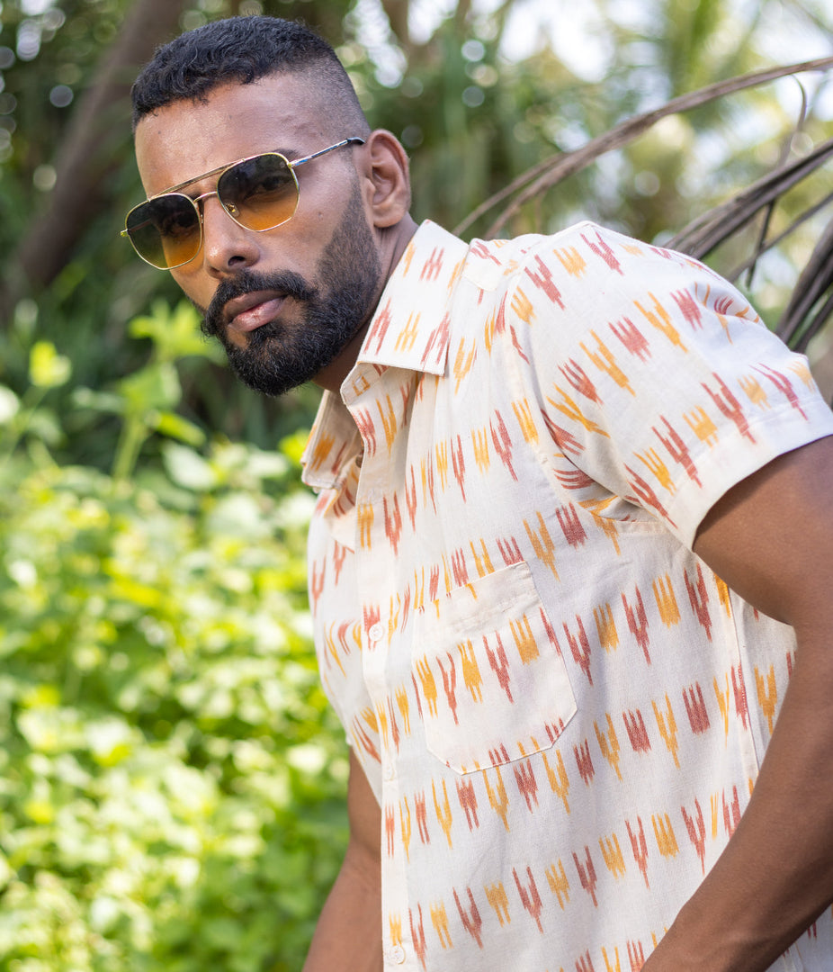 Ikat Orange-Yellow Mens Short-Sleeved Shirt