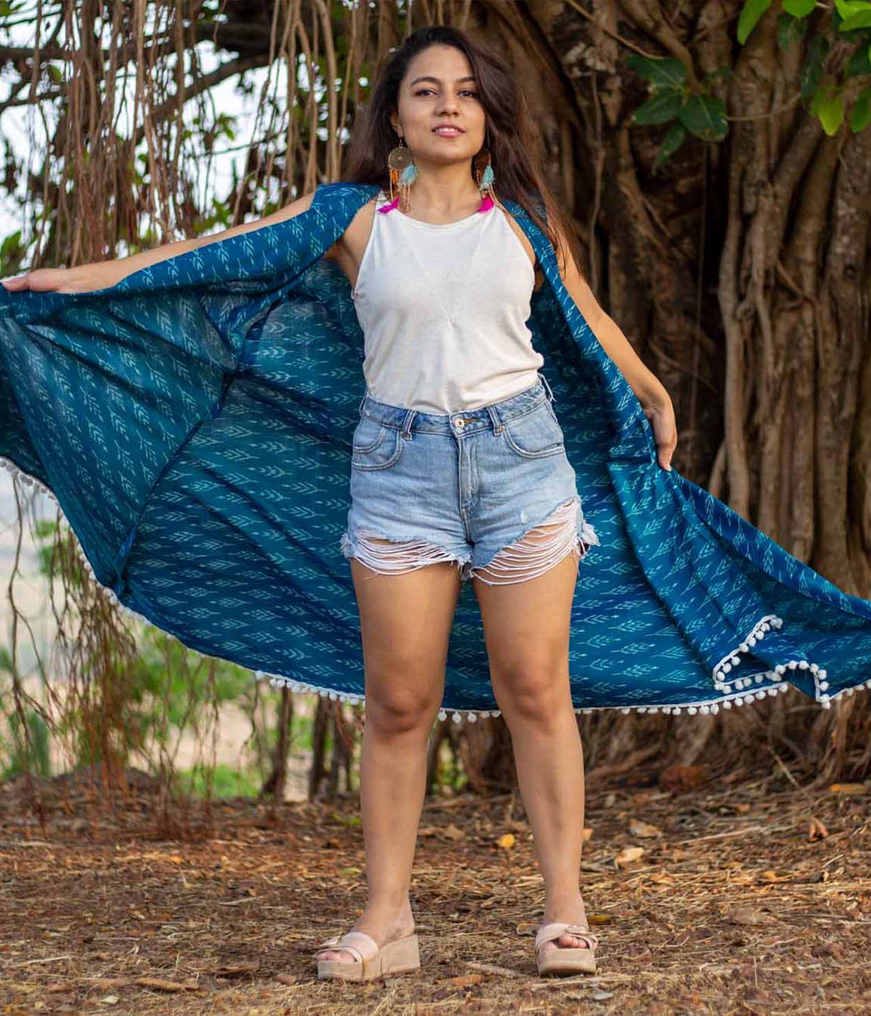 Ikat Peacock Blue Womens Shrug Color Weave