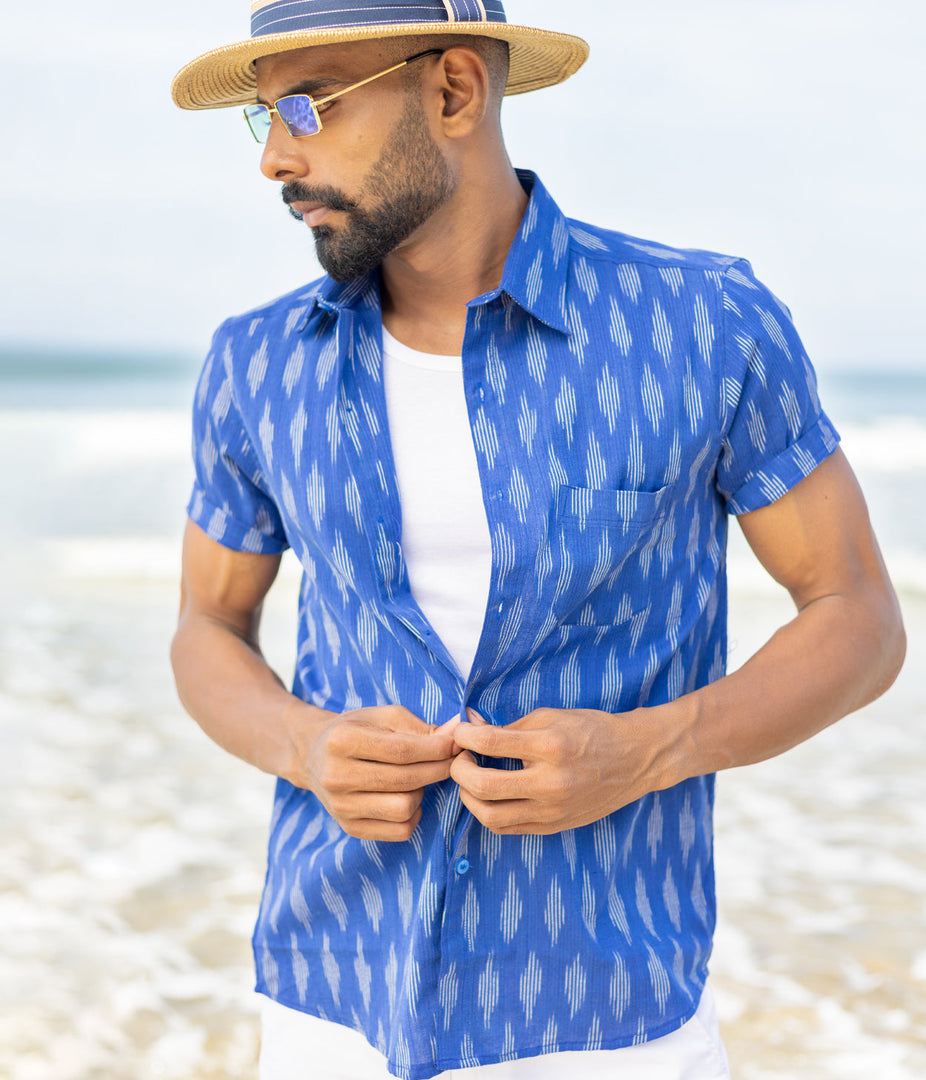 Ikat Royal Blue Mens Short-Sleeved Shirt