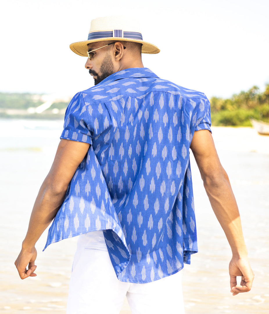 Ikat Royal Blue Mens Short-Sleeved Shirt