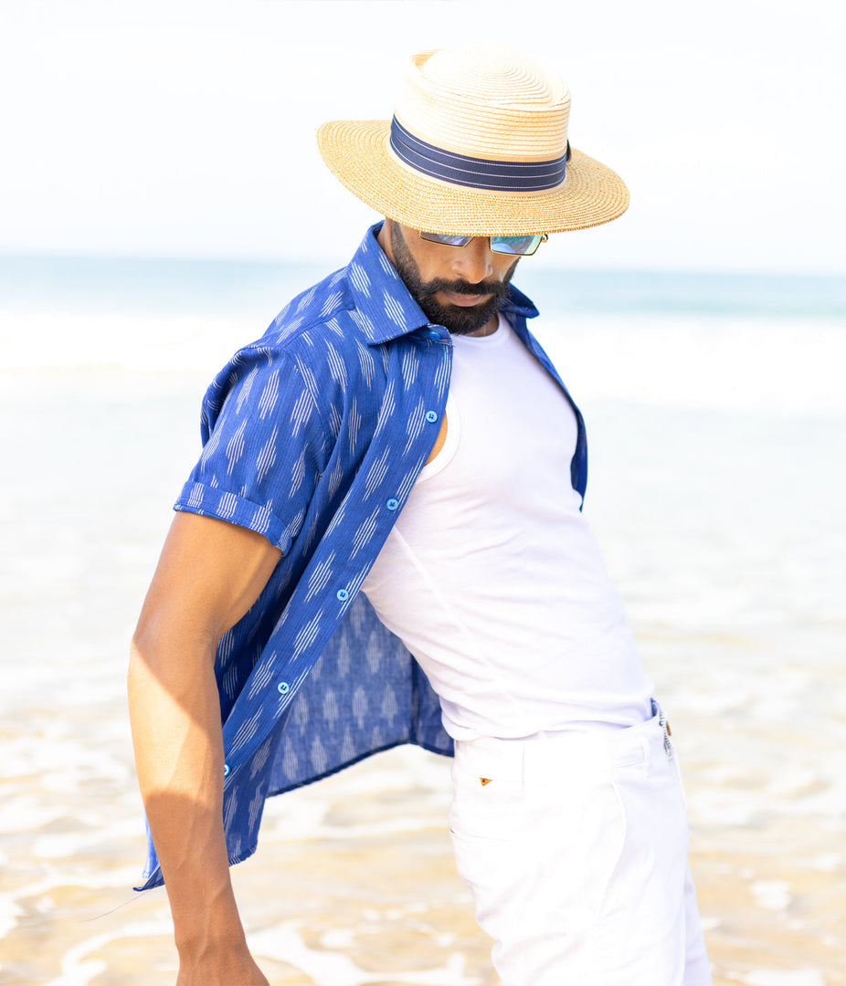 Ikat Royal Blue Mens Short-Sleeved Shirt