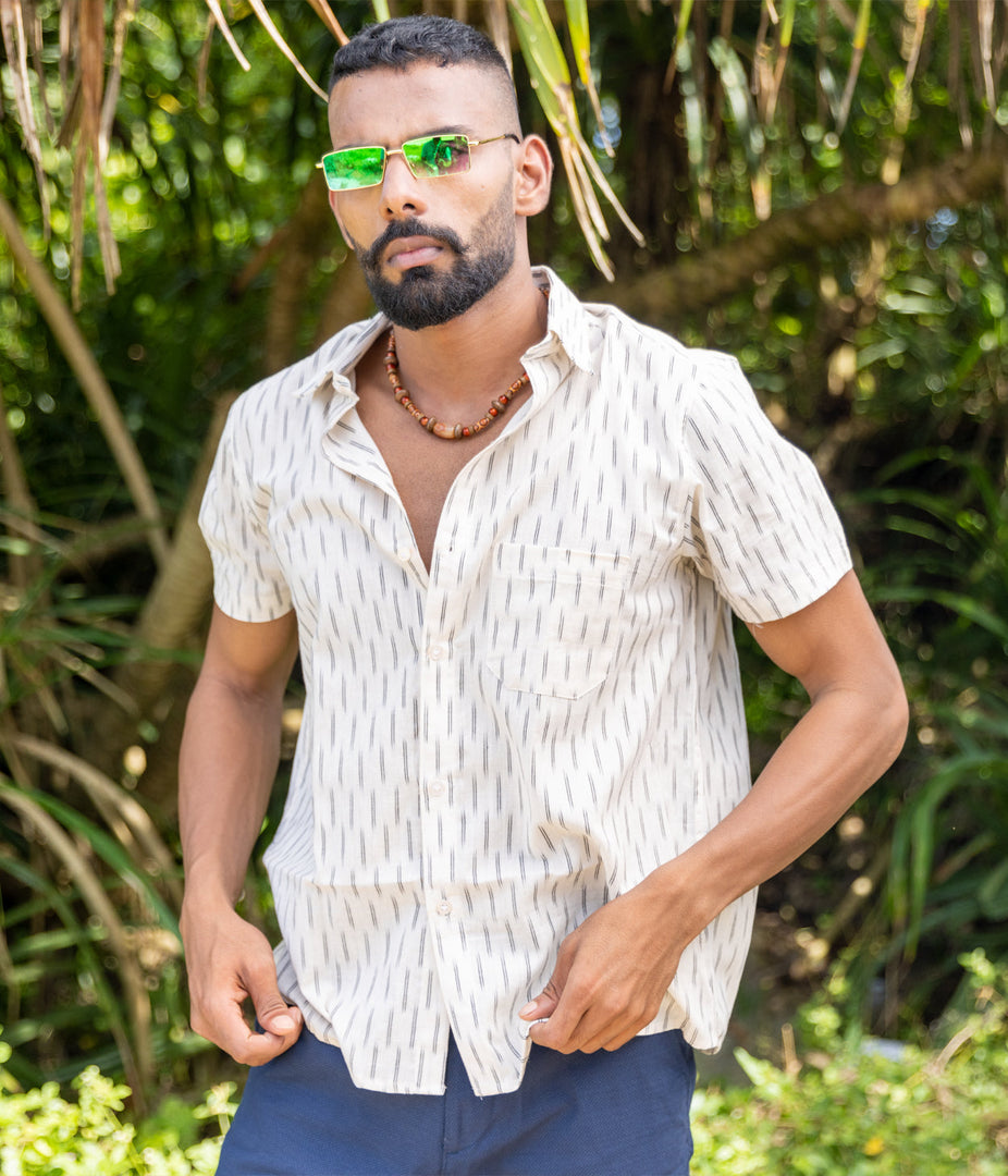 Ikat White-Black Mens Short-Sleeved Shirt