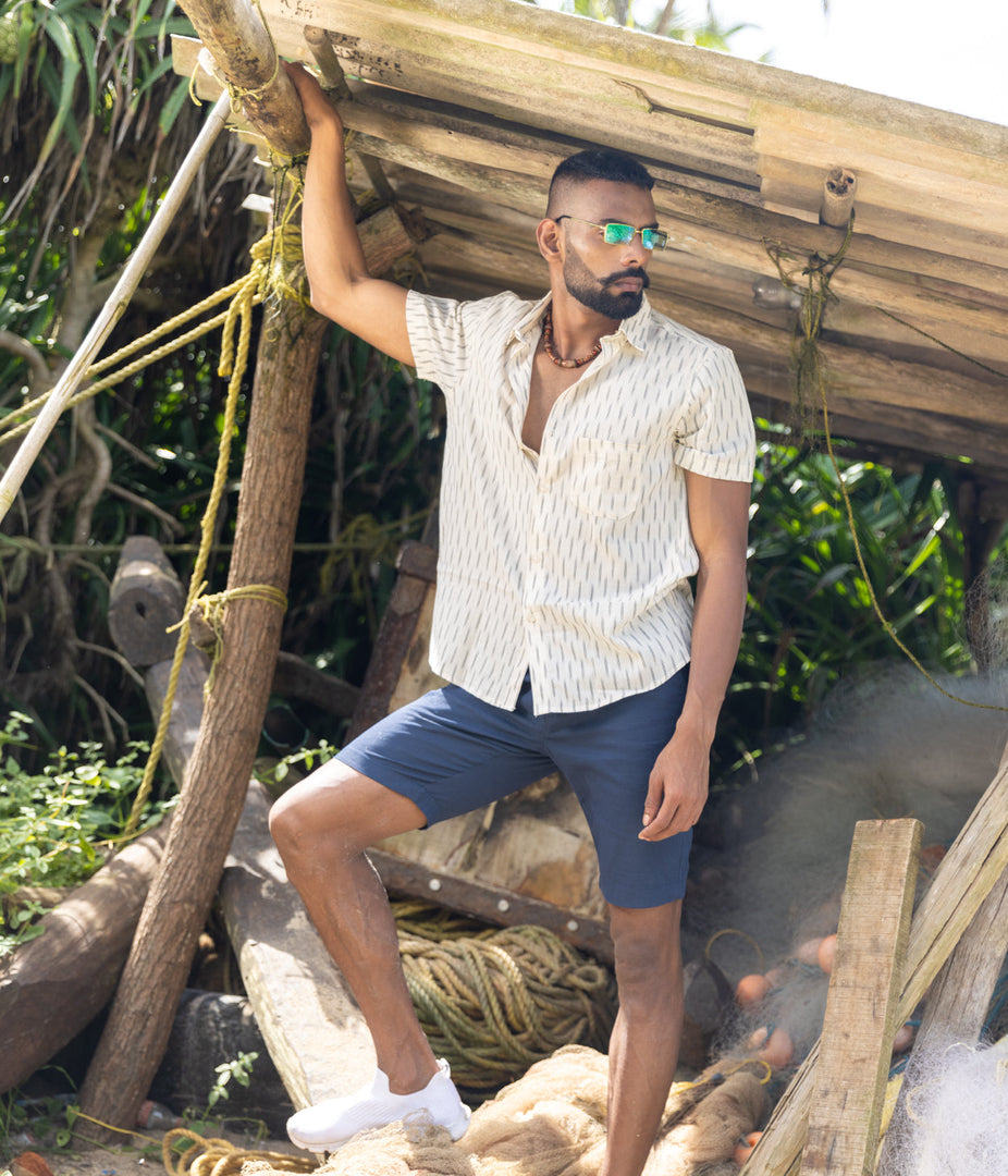 Ikat White-Black Mens Short-Sleeved Shirt