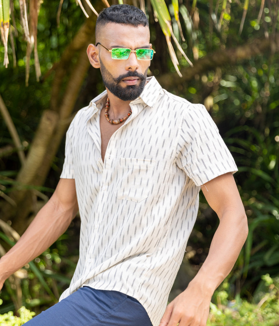 Ikat White-Black Mens Short-Sleeved Shirt