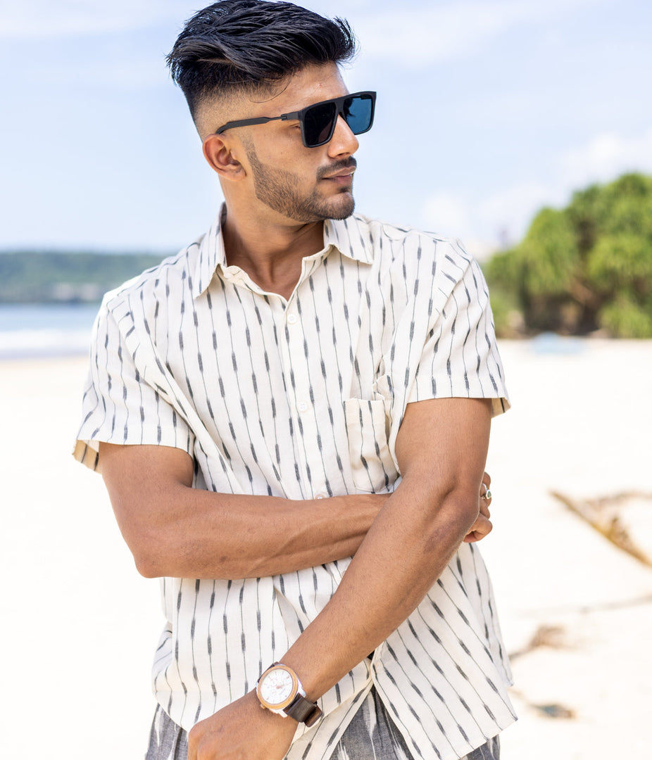 Ikat White-Black Striped Mens Short-Sleeved Shirt