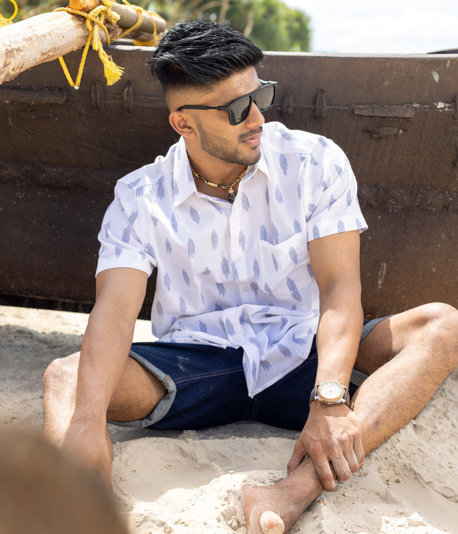 Ikat White-Blue Mens Short-Sleeved Shirt