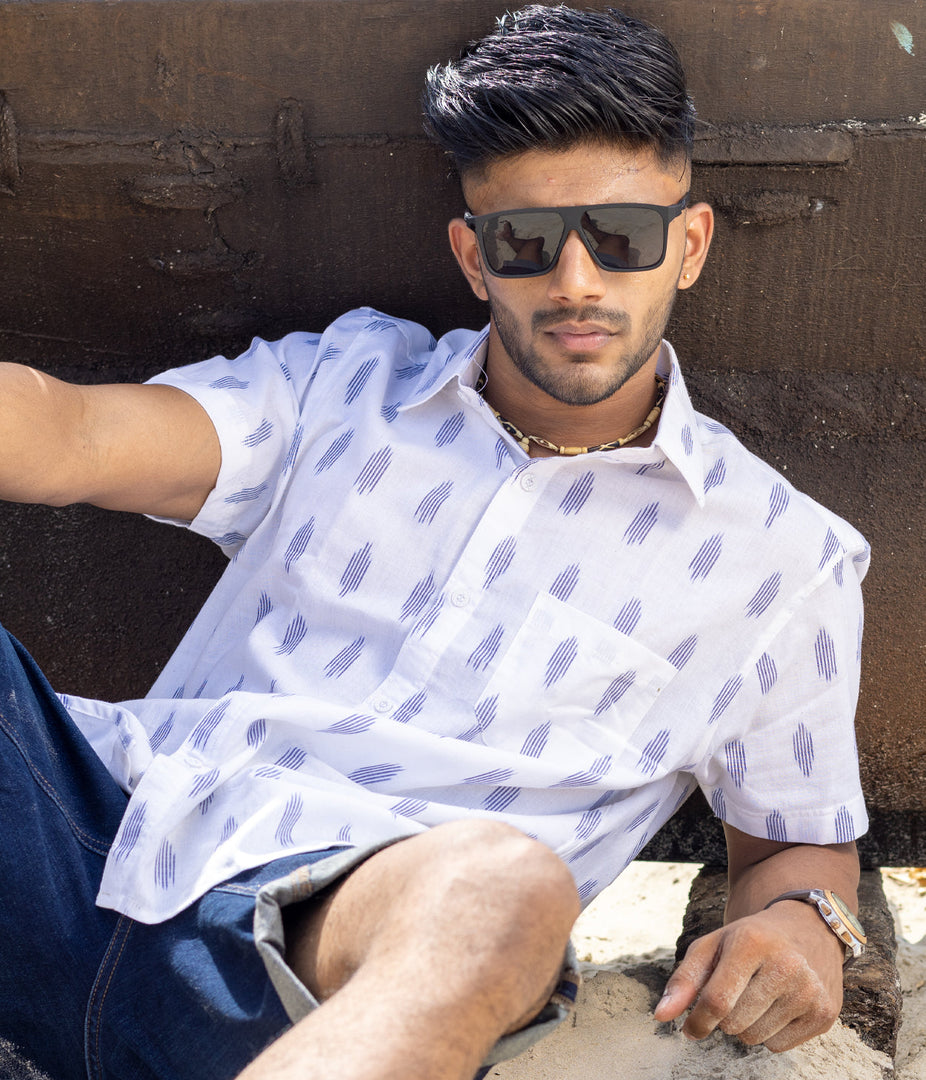 Ikat White-Blue Mens Short-Sleeved Shirt