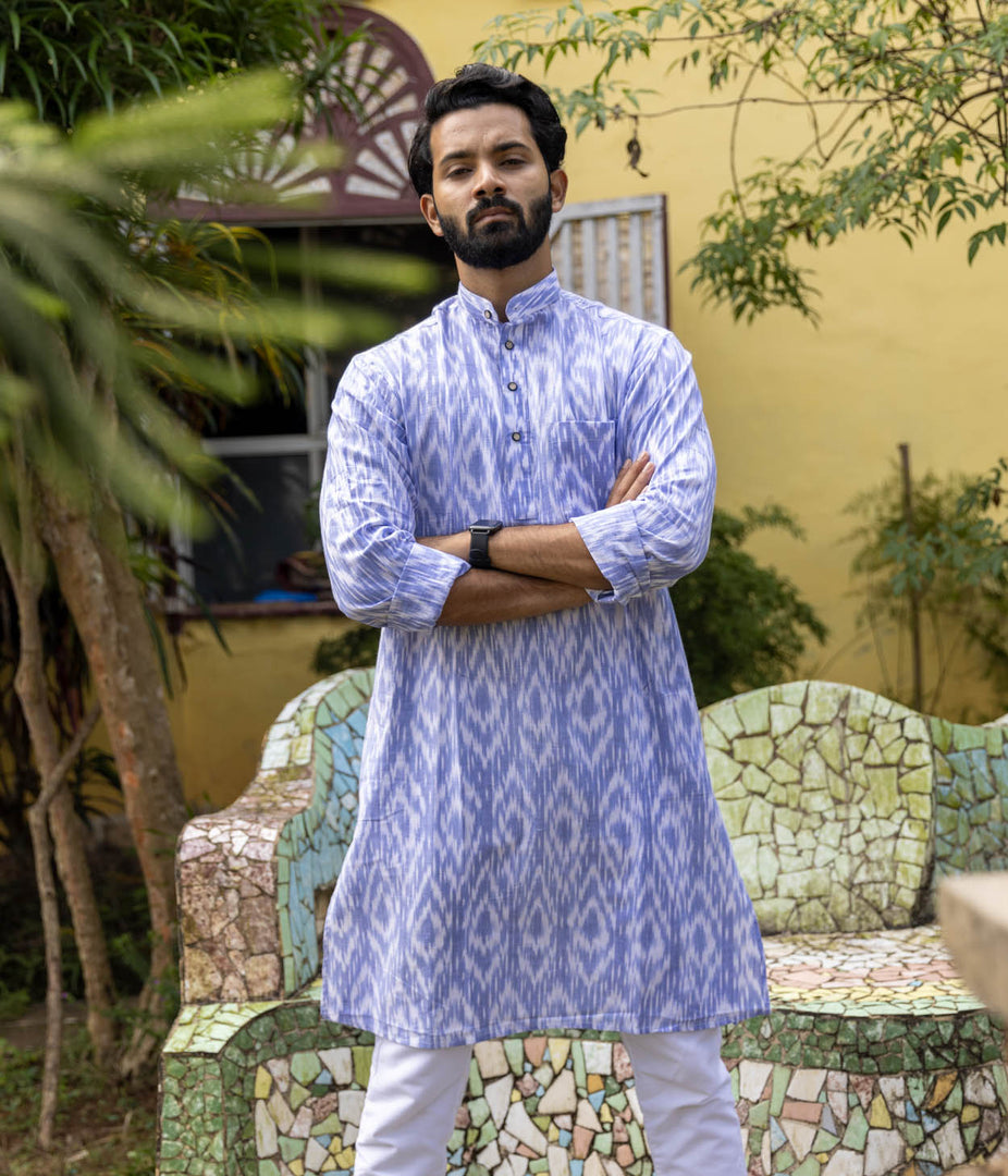 Ikat Blue-White Abstract Mens Long Kurta