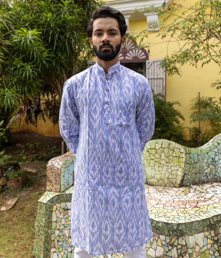 Ikat Blue-White Abstract Mens Long Kurta