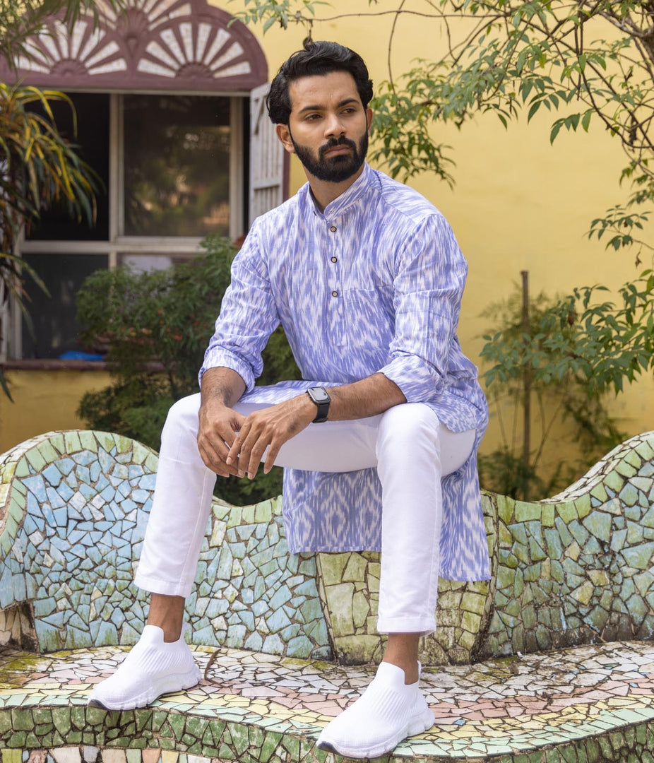 Ikat Blue-White Abstract Mens Long Kurta