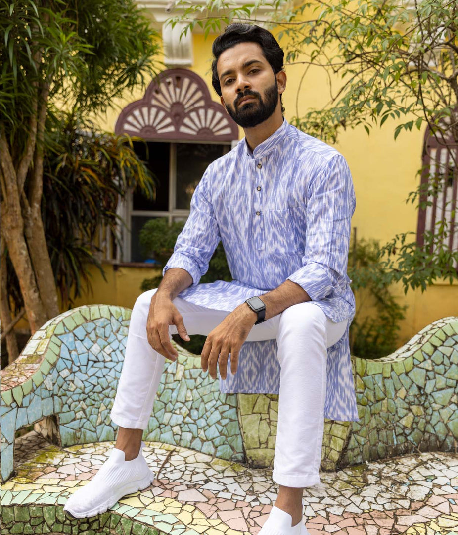 Ikat Blue-White Abstract Mens Long Kurta