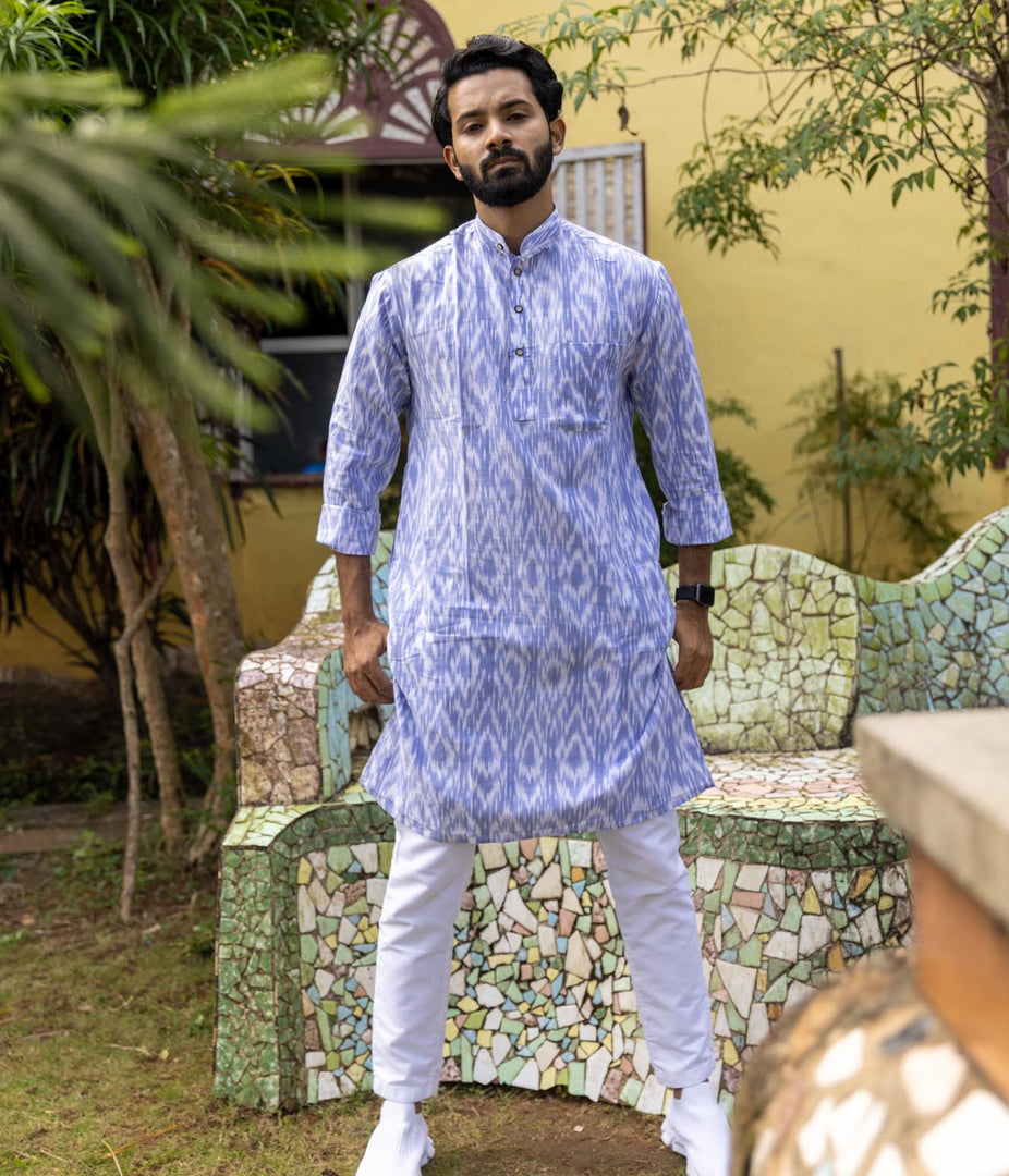 Ikat Blue-White Abstract Mens Long Kurta