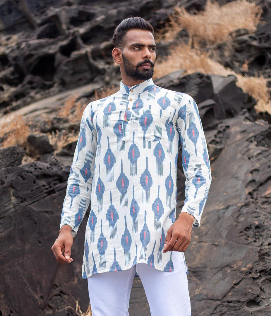 Ikat White-Blue Patterned Mens Short Kurta