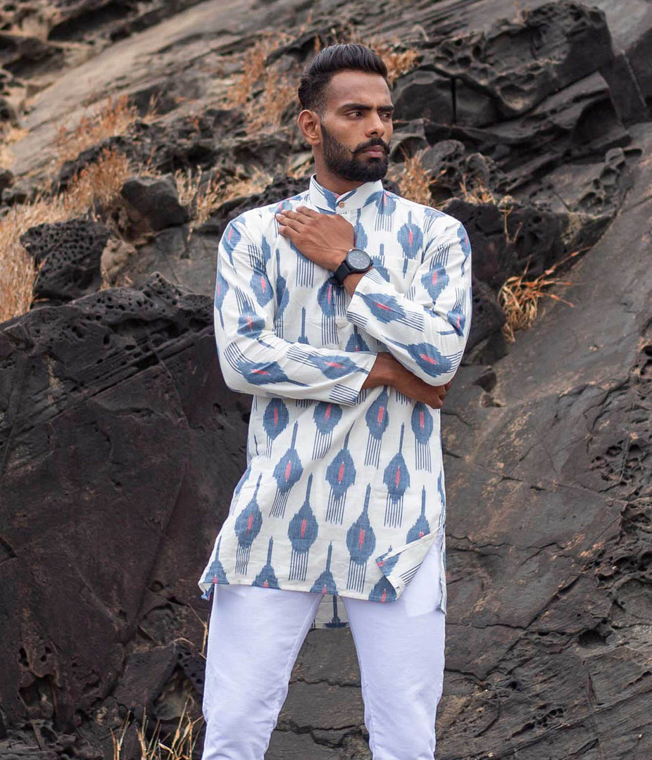 Ikat White-Blue Patterned Mens Short Kurta